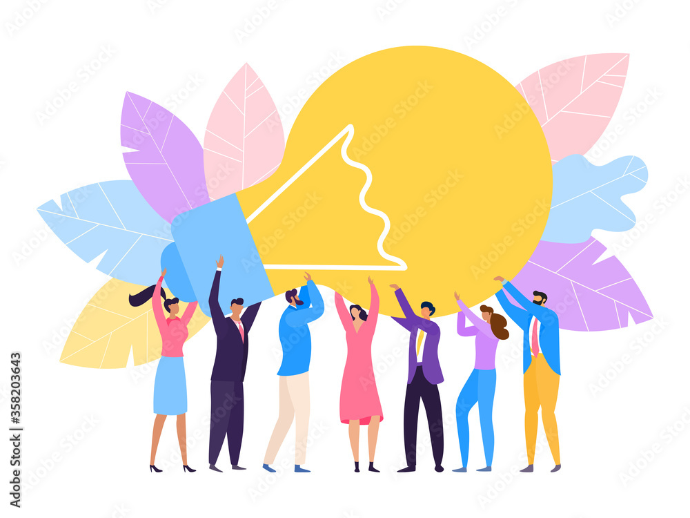 Group people hold huge lamp new idea vector Illustration. Success in business rely on teamwork, good planning and finding creative solution to problem. Colleague make strategic planning. Group people hold huge lamp new idea vector Illustration. Success in business rely on teamwork, good planning and finding creative solution to problem. Colleague make strategic planning.