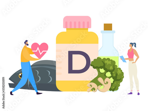 Healthy food, vitamin d, diet, vector Illustration. Nutrition help replenish body s vitamin supply. Man hold heart symbol in hands. Sports girl choose to eat salmon, oil, mushrooms and broccoli.