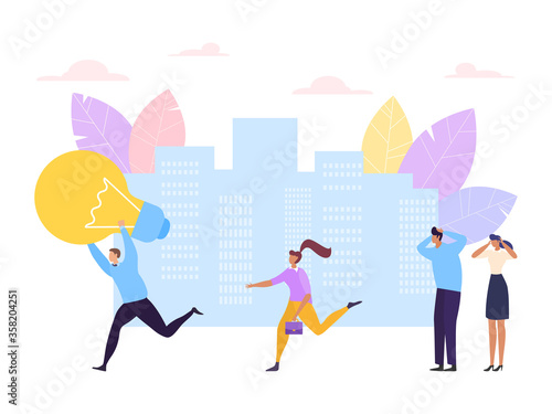Business idea thief concept, vector illustration. Man character theft bulb and run, steal businessman brain work symbol. Stealing and plagiarism flat bandit person. Cartoon copyright design.