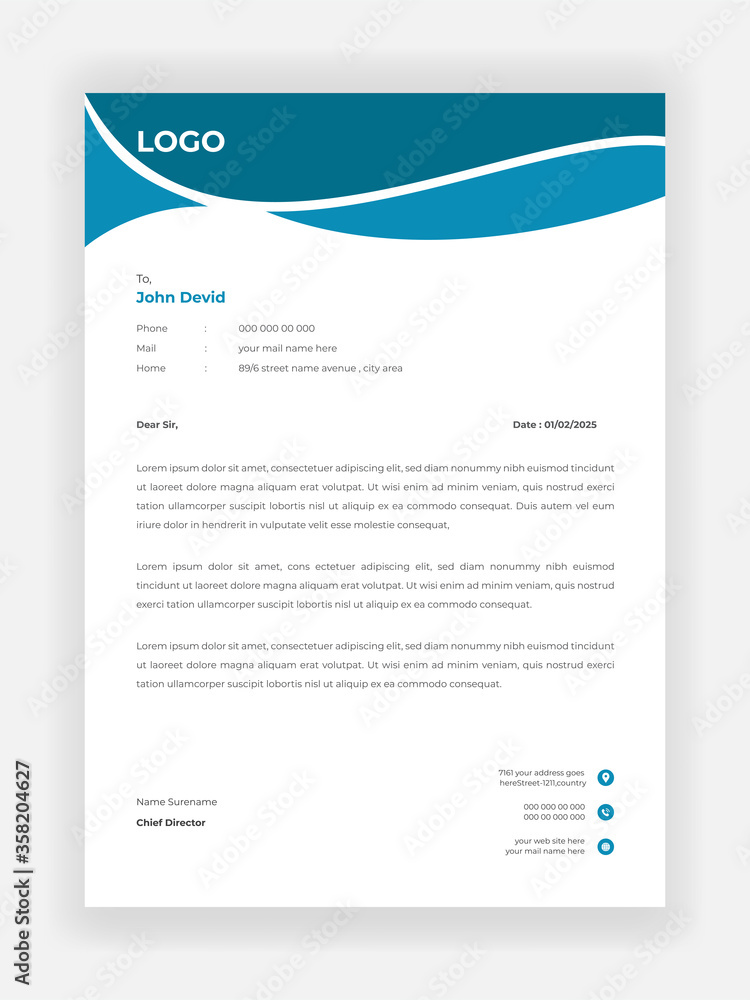 Creative Style Blue Color Letterhead Design For Your Business Vector Template Design  