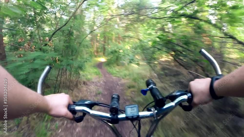Through the forest. Bike ride. First-person cycling through the woods. Healthy lifestyle concept. Through the forest. Bike ride. First-person cycling through the woods. Healthy lifestyle concept.