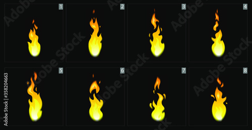 An Unique Fire Flames sprites, 8 frame loop animation. This animation could be usable for game, UI, GUI, motion graphic or something else. Vector editable illustration.