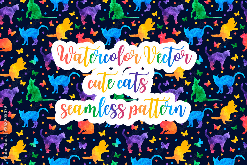 Colorful watercolor seamless pattern with cute cats and butterflies isolated on black background. vector eps10