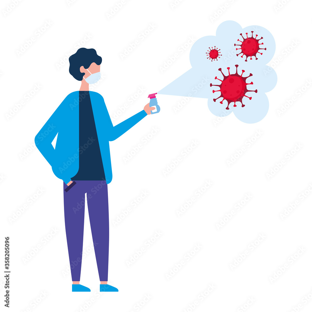 boy with mask spraying covid 19 virus vector design boy with mask spraying covid 19 virus vector design