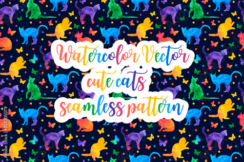 Colorful watercolor seamless pattern with cute cats and butterflies isolated on black background. vector eps10 © Vika92