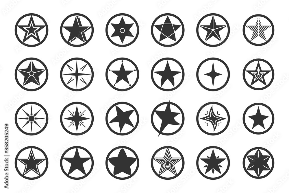 Star black in circle icon set. Abstract template different shape stars. Empty starry sign design logo. Silhouette classic rank reward in game or web site premium rating Isolated vector illustration Star black in circle icon set. Abstract template different shape stars. Empty starry sign design logo. Silhouette classic rank reward in game or web site premium rating Isolated vector illustration