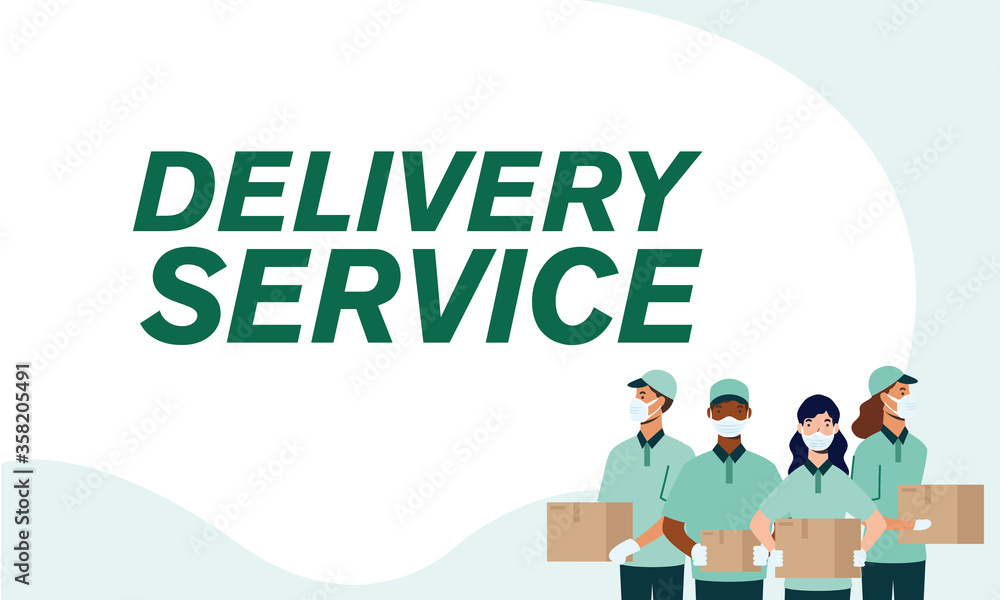 Delivery men and women with masks and boxes vector design Delivery men and women with masks and boxes vector design
