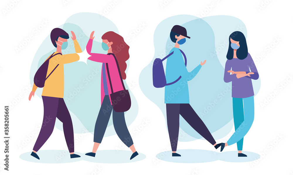 school girls and boys with medical masks vector design school girls and boys with medical masks vector design
