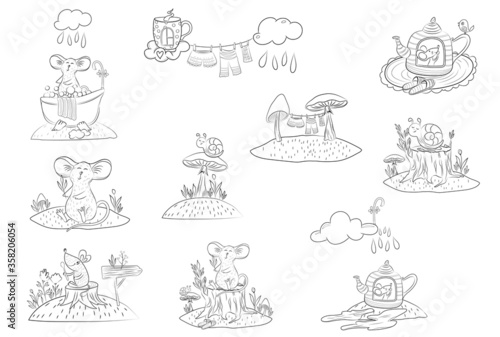 Coloring page  coloring book. Black fine art cute cartoon mouse  snail. Hand drawn vector illustration isolated on white. Line art  fantasy fairytale concept. Book illustrations. Fantasy clipart set