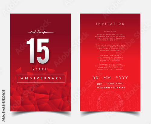 15th Years Anniversary Invitation/Greeting Card with Flat Design and Elegant, Isolated on Red Background. Vector illustration.