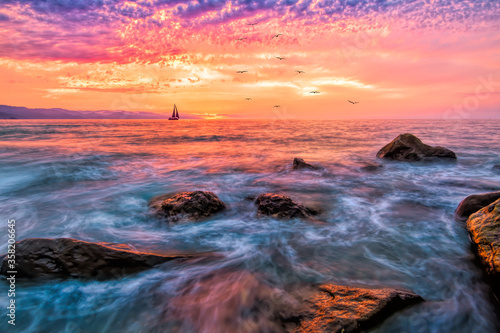 Sailboat Sunset Ocean Birds