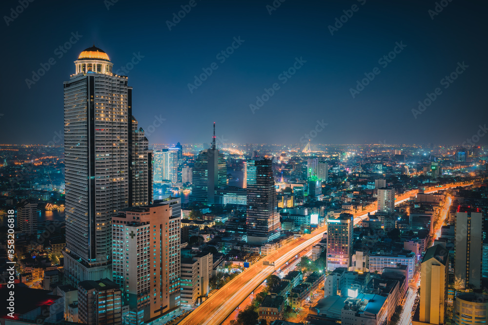 Bangkok City Aerial View and Skyscraper Cityscape of Thailand, Night Scenery View Business Downtown and Fianancial District of Thailand. Landscape Urban Skyscrapers Building of Bangkok Capital City