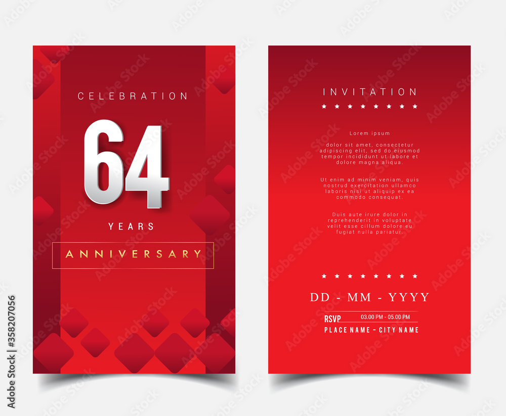 64th Years Anniversary Invitation/Greeting Card with Flat Design and Elegant, Isolated on Red Background. Vector illustration. 64th Years Anniversary Invitation/Greeting Card with Flat Design and Elegant, Isolated on Red Background. Vector illustration.