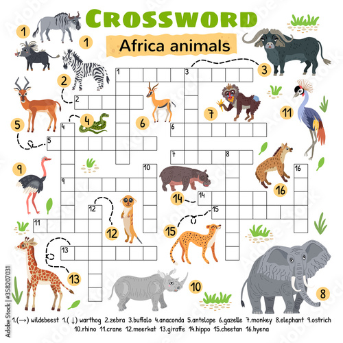 Africa animals crossword. Game for preschool kids