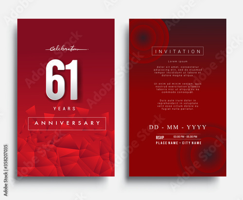 61st Years Anniversary Invitation/Greeting Card with Flat Design and Elegant, Isolated on Red Background. Vector illustration.