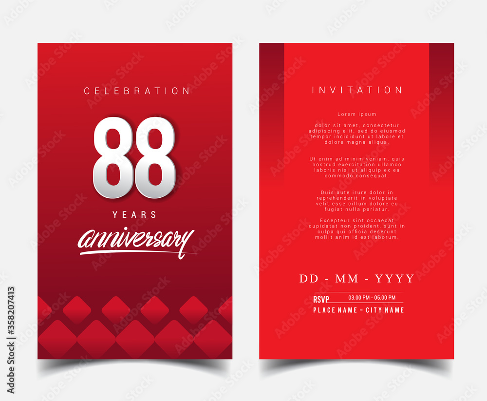 88th Years Anniversary Invitation/Greeting Card with Flat Design and Elegant, Isolated on Red Background. Vector illustration. 88th Years Anniversary Invitation/Greeting Card with Flat Design and Elegant, Isolated on Red Background. Vector illustration.