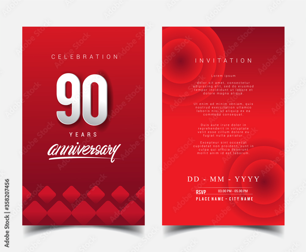 90th Years Anniversary Invitation/Greeting Card with Flat Design and Elegant, Isolated on Red Background. Vector illustration.