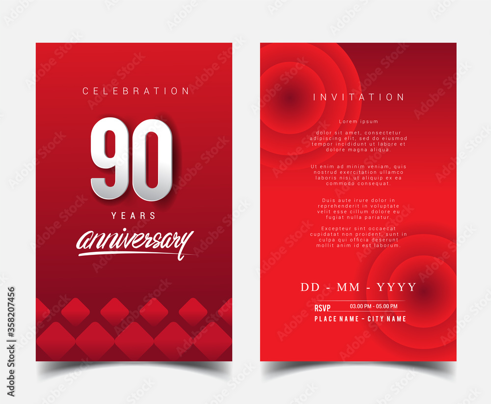 90th Years Anniversary Invitation/Greeting Card with Flat Design and Elegant, Isolated on Red Background. Vector illustration. 90th Years Anniversary Invitation/Greeting Card with Flat Design and Elegant, Isolated on Red Background. Vector illustration.