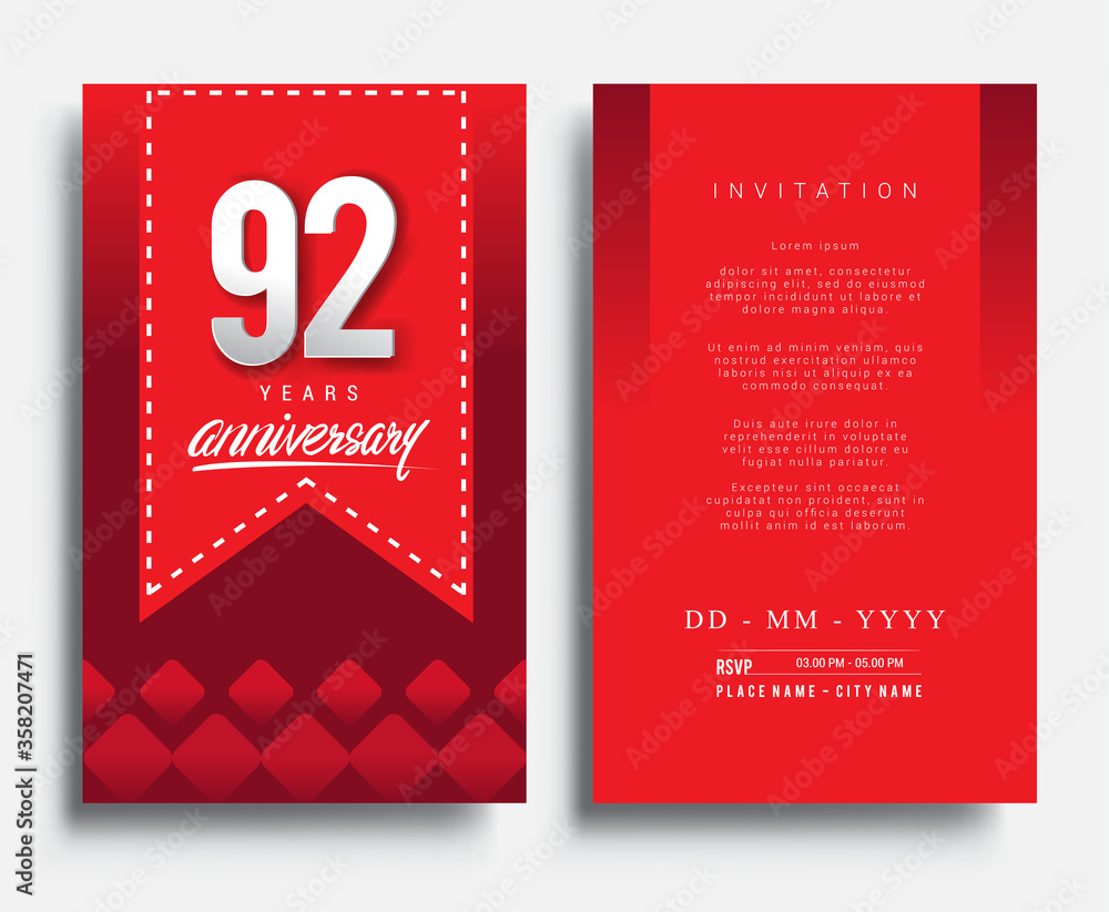 92nd Years Anniversary Invitation/Greeting Card with Flat Design and Elegant, Isolated on Red Background. Vector illustration. 92nd Years Anniversary Invitation/Greeting Card with Flat Design and Elegant, Isolated on Red Background. Vector illustration.