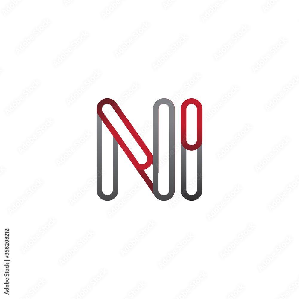 initial logo letter NI, linked outline red and grey colored, rounded logotype