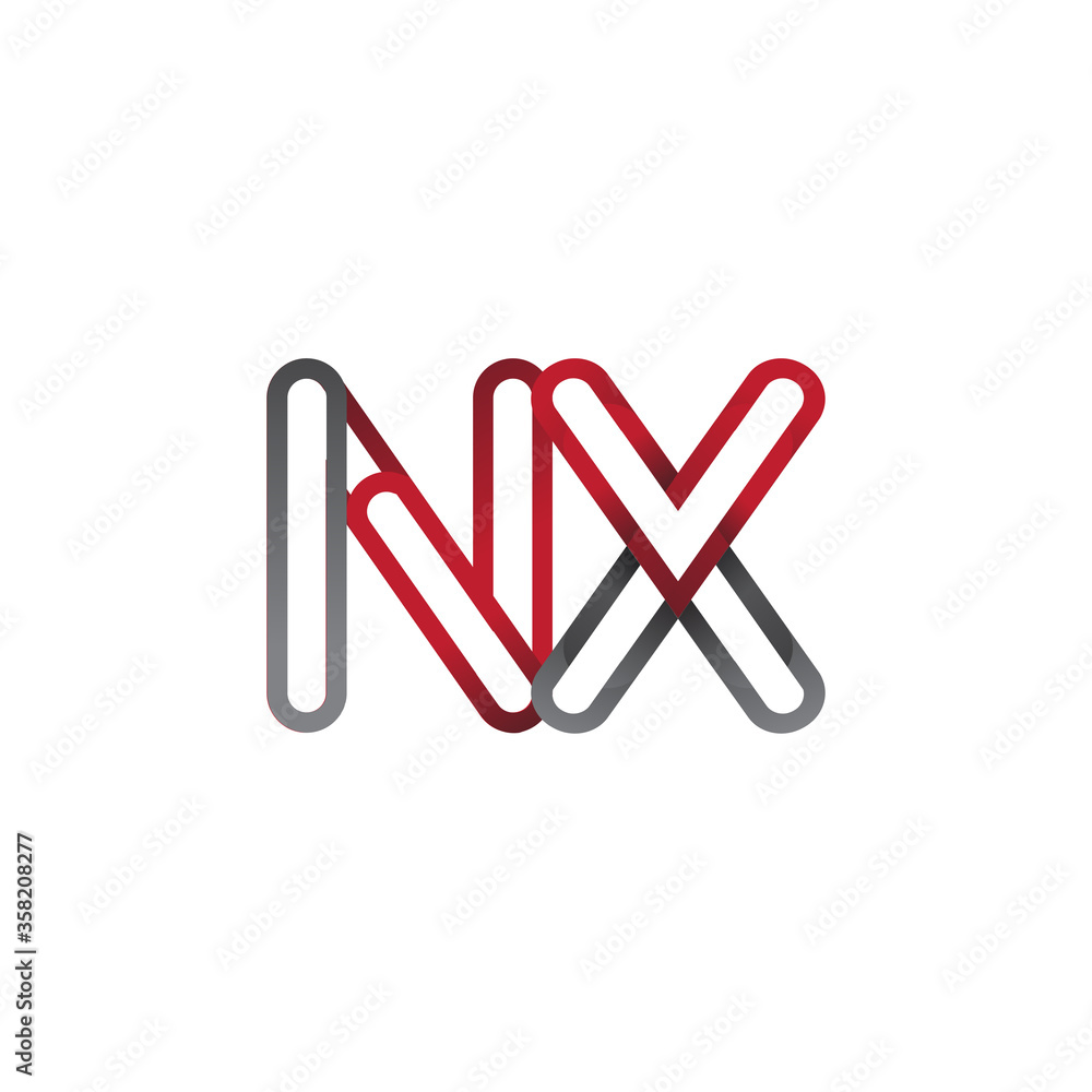 initial logo letter NX, linked outline red and grey colored, rounded logotype initial logo letter NX, linked outline red and grey colored, rounded logotype