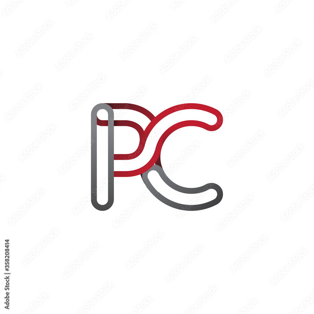 initial logo letter PC, linked outline red and grey colored, rounded logotype