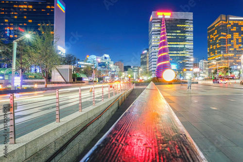 Photography Nigth view of Shell pagoda monument near Cheonggyecheon canal