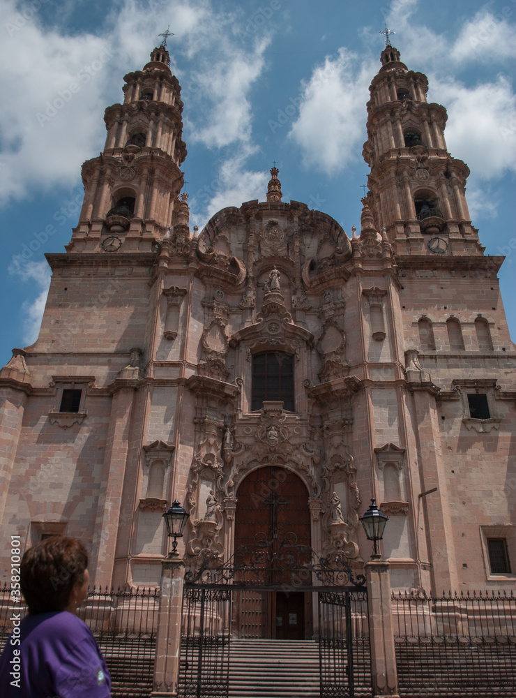 Nuestra Señora de la Asuncion cathedral, city’s main church, whose baroque style front is extremely detailed, Lagos de Moreno Mexican Town