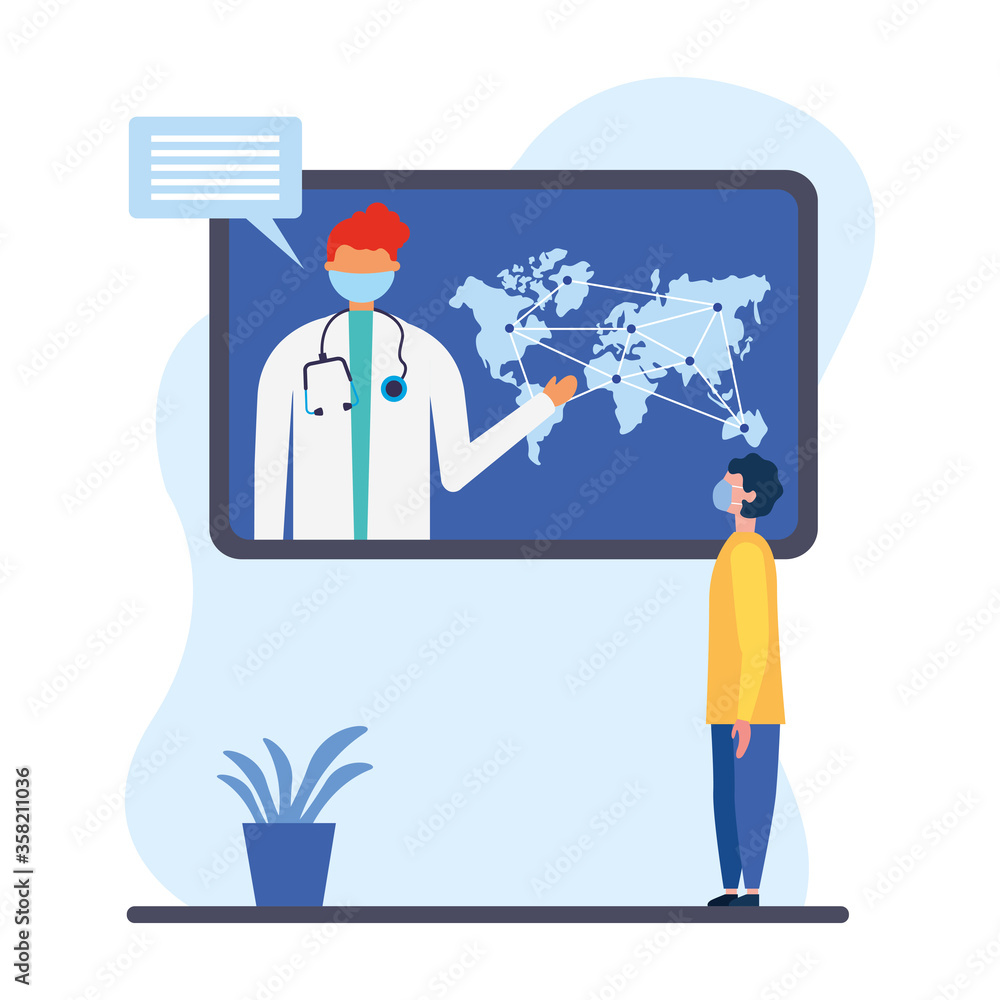 online male doctor with mask on tablet with map and man client vector design