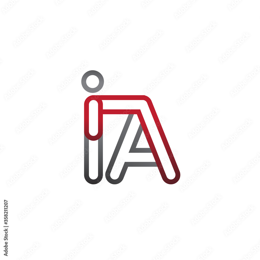 initial logo letter IA, linked outline red and grey colored, rounded logotype