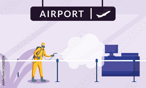 Man with protective suit spraying airport reception vector design