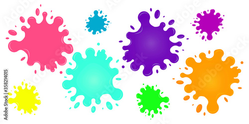 Vector set of paint splashes. Spot with splashes from falling drops. Cartoon-style ink slime. Fluid in the form of a stain. Collection of colorful blobs.