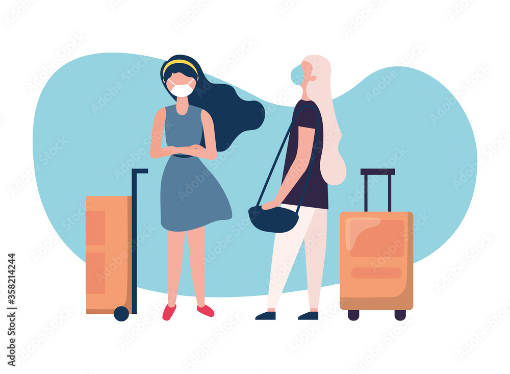 Women with medical masks and bags vector design