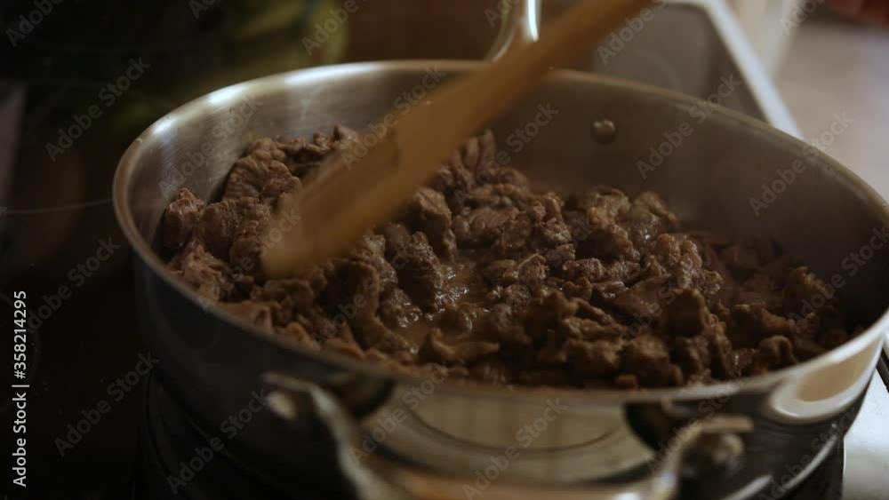 Home Cooked Stovetop Meal of Carne Asada Taco Beef Meat, Close-Up Home Cooked Stovetop Meal of Carne Asada Taco Beef Meat, Close-Up