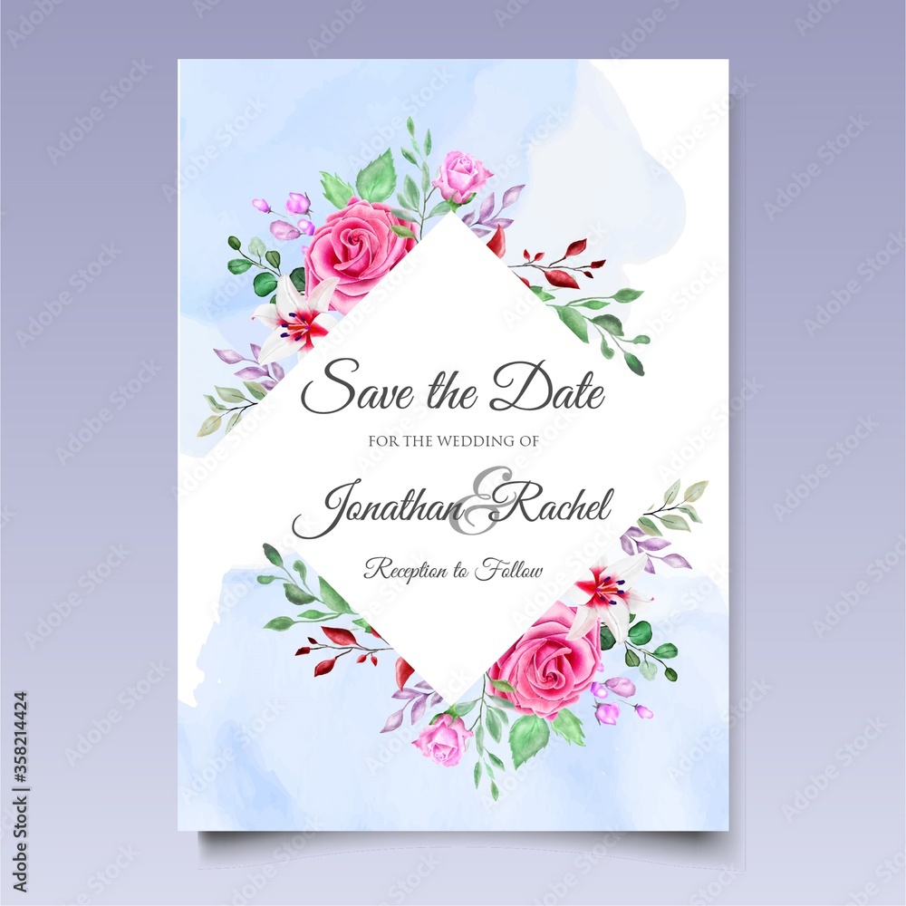 Watercolor wedding invitation floral and leaves card template