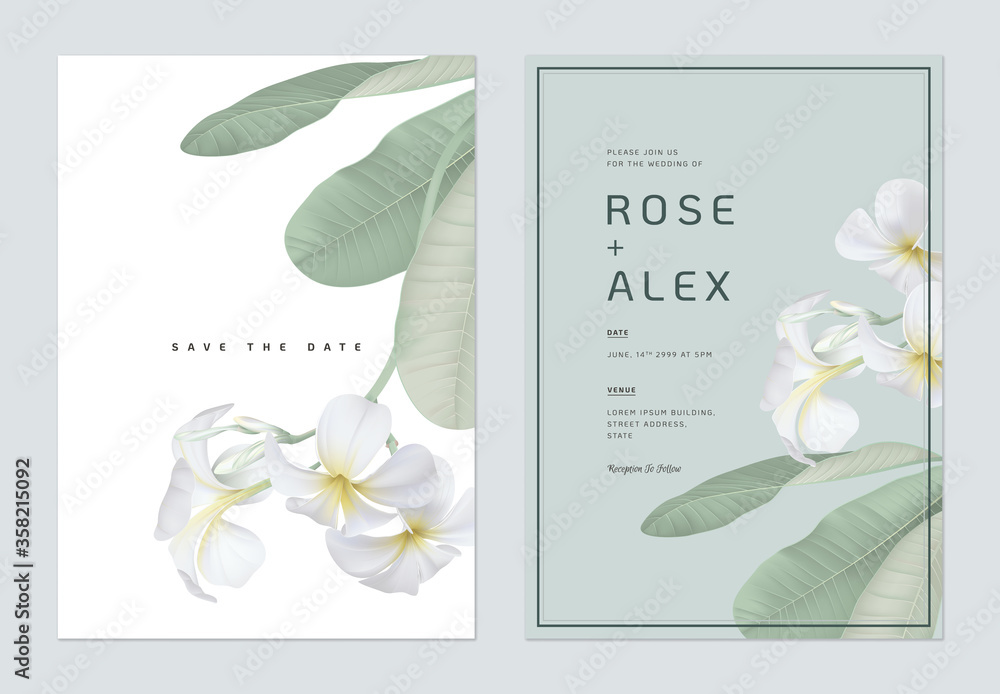 Floral wedding invitation card template design, white plumeria flowers  with leaves on bright green and white - obrazy, fototapety, plakaty 