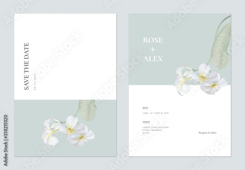Minimalist floral wedding invitation card template design, white plumeria flowers on bright green and white