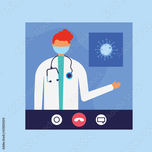 online male doctor on video chat with mask and virus vector design