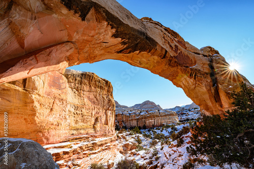 Hickman Natural Bridge covered by snow at Capitol Reef National Park