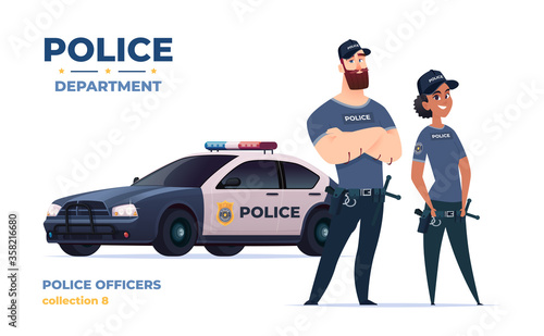 Cartoon police officers man and woman team. Public safety officers with police car. Guardians of law and order.