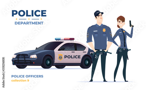 Cartoon police officers man and woman team. Public safety officers with police car. Guardians of law and order.