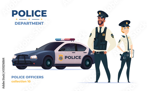 Cartoon police officers man and woman team. Public safety officers with police car. Guardians of law and order.