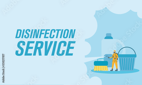 Man with protective suit spraying and detergent bottle vector design