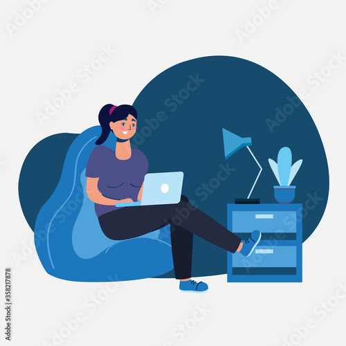 Woman with laptop on puf vector design