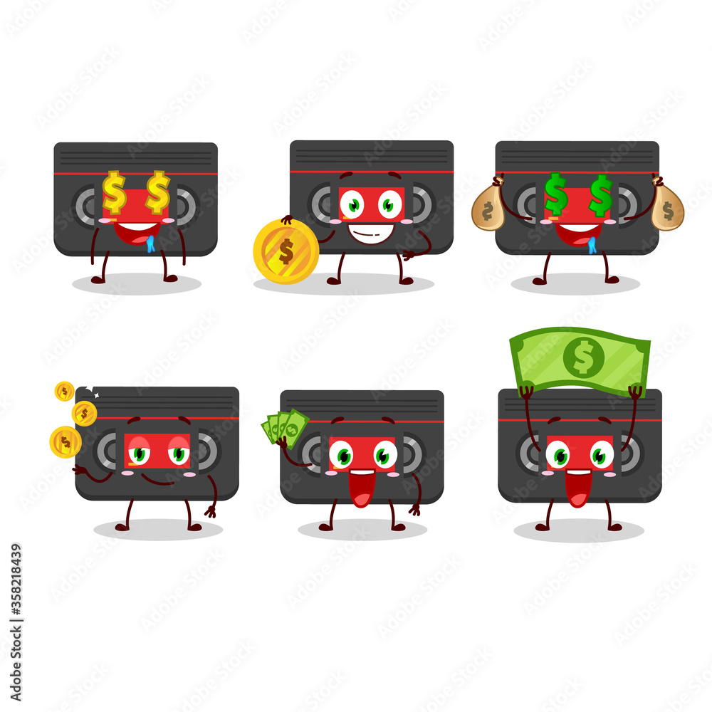 Retro cassette cartoon character with cute emoticon bring money