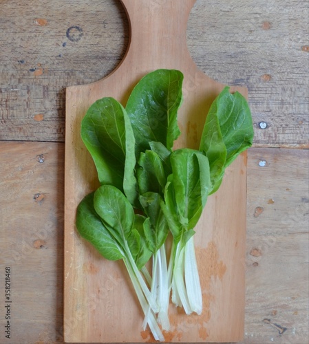 resh pakchoi cabbage on wooden board