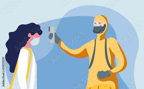 Hand holding thermometer gun checking woman temperature vector design