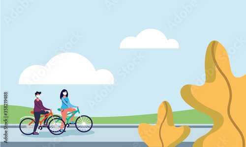 woman and man riding bike with masks at street vector design