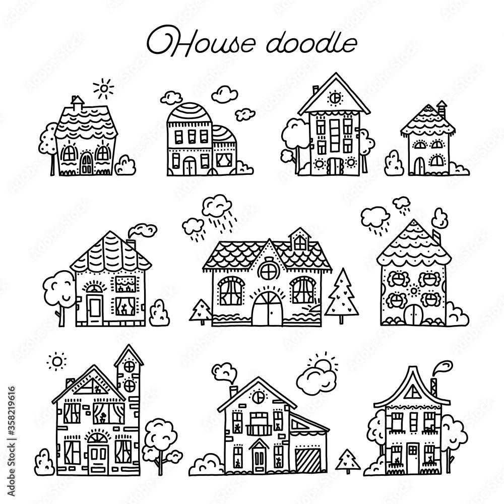 Set of houses in doodle style. Vector illustration.