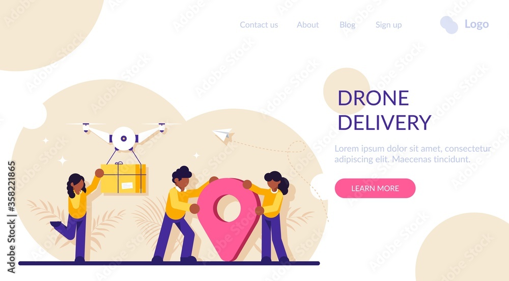 Fototapeta premium Drone delivery service concept. Innovative technology in parcel shipment. Girl receives parcel near pin sign. Modern flat illustration.